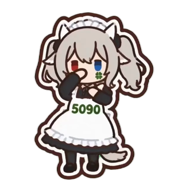 Cỏ bản chibi: váy hầu gái, tạp dề in số 5090, tai mèo, mắt một đỏ một xanh, trên má có cỏ bốn lá.