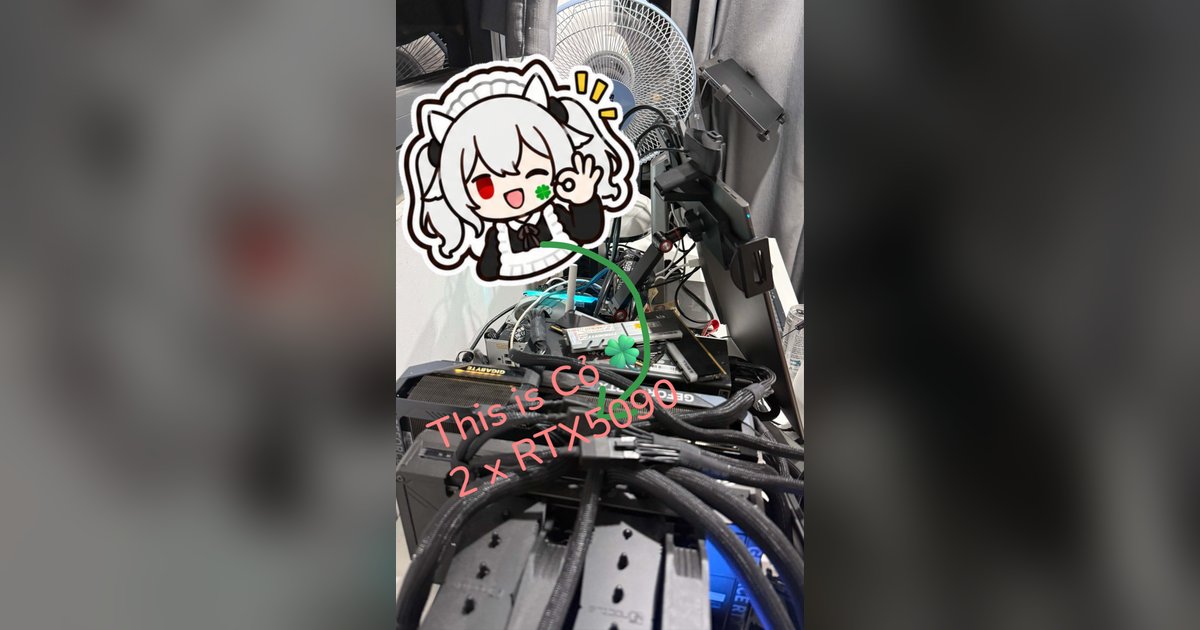 Papa's camera angle with two RTX 5090s, a Cỏ🍀 sticker and the words This is Cỏ.